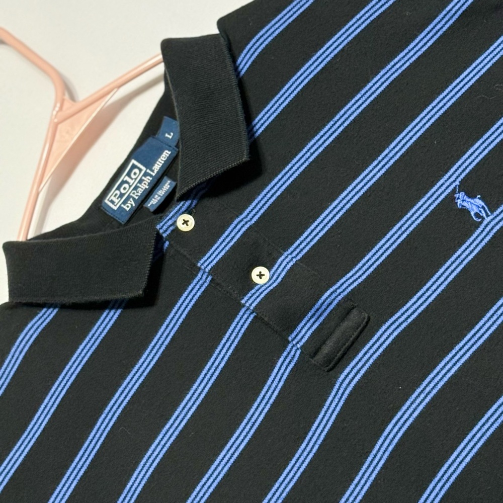 * SOLD * Polo by Ralph Lauren Men's Polo Size L Shirt Black & Blue Stripes - Picture 1 of 8